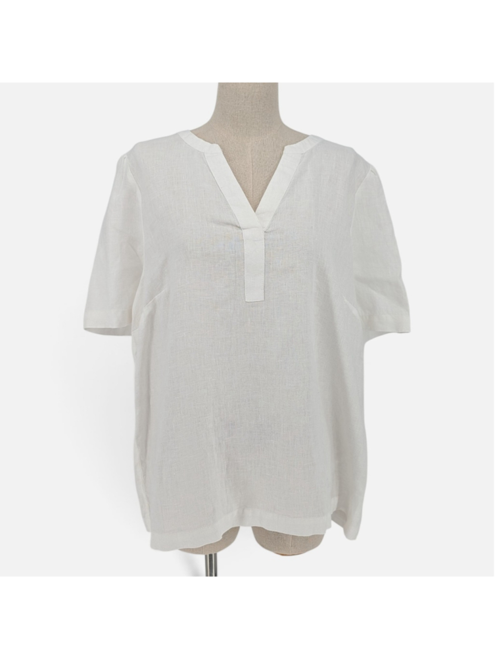 Charter Club Luxury White 100% Linen Split Neck Blouse Top XL Short Sleeve